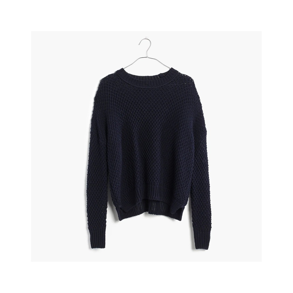Madewell Chunky Knit Crewneck Sweater Navy 100% Cotton Waffle Texture Med‎